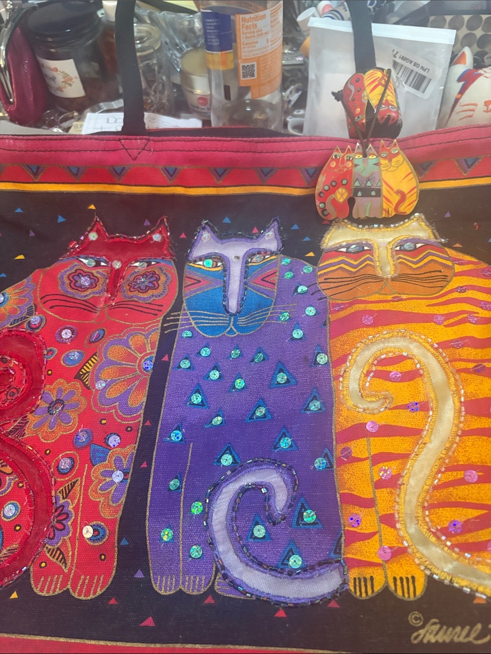 Laurel Burch Multicolor Sequin Cat Tote - Purple, Red & Orange